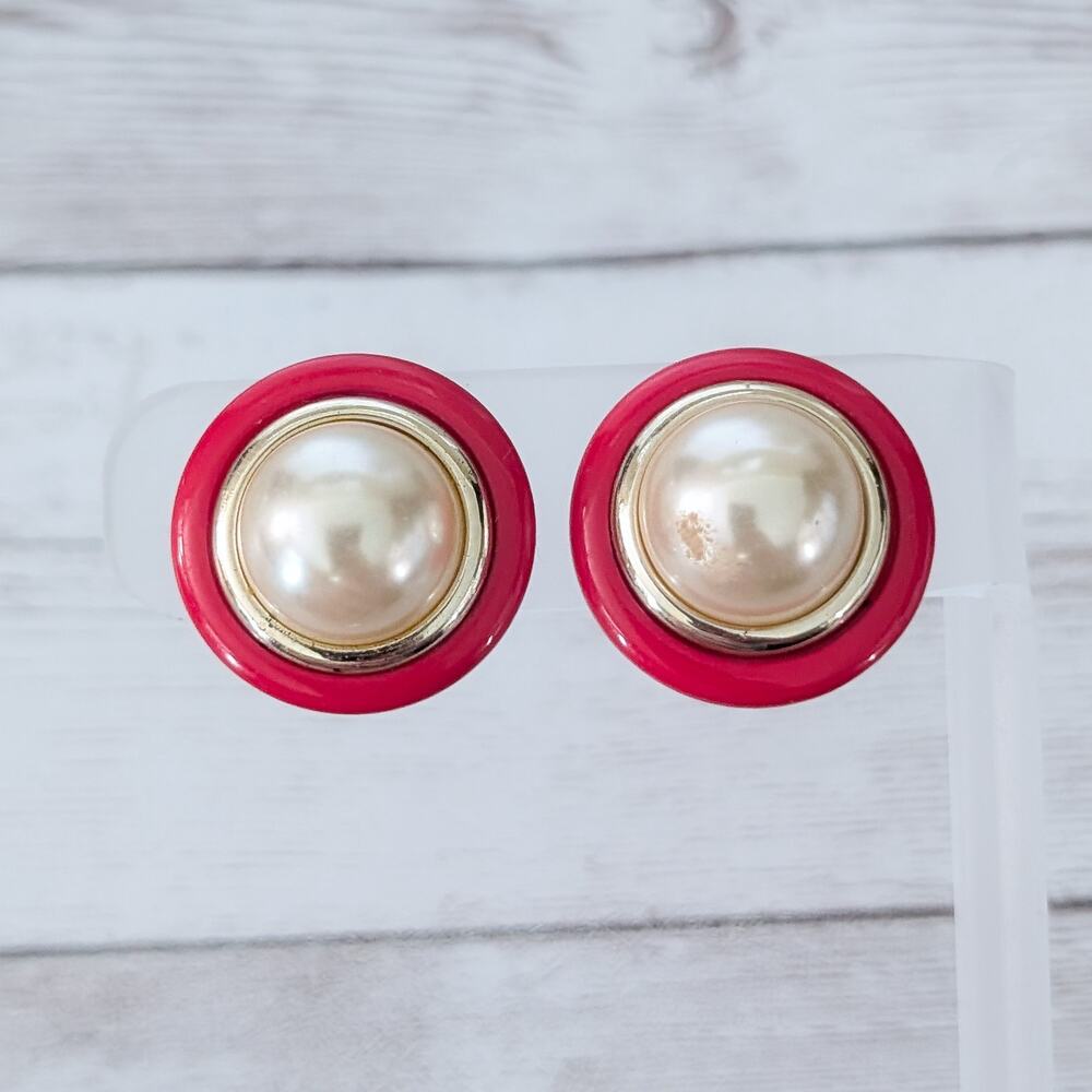 Vintage Clip On Earrings Faux Pearl with Red & Gold Tone Halo